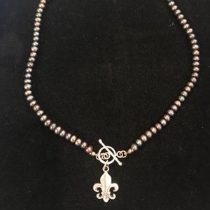 Black Cultured Pearl Necklace w/Fleur De Lis Charm